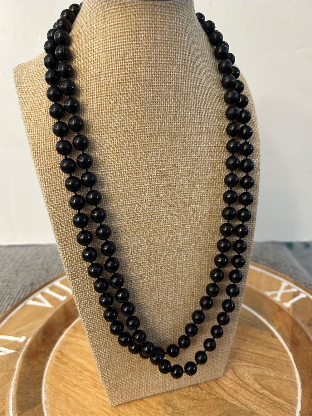 Classic vintage Black Beaded Necklace plastic acrylic beads 48” long retro vibe